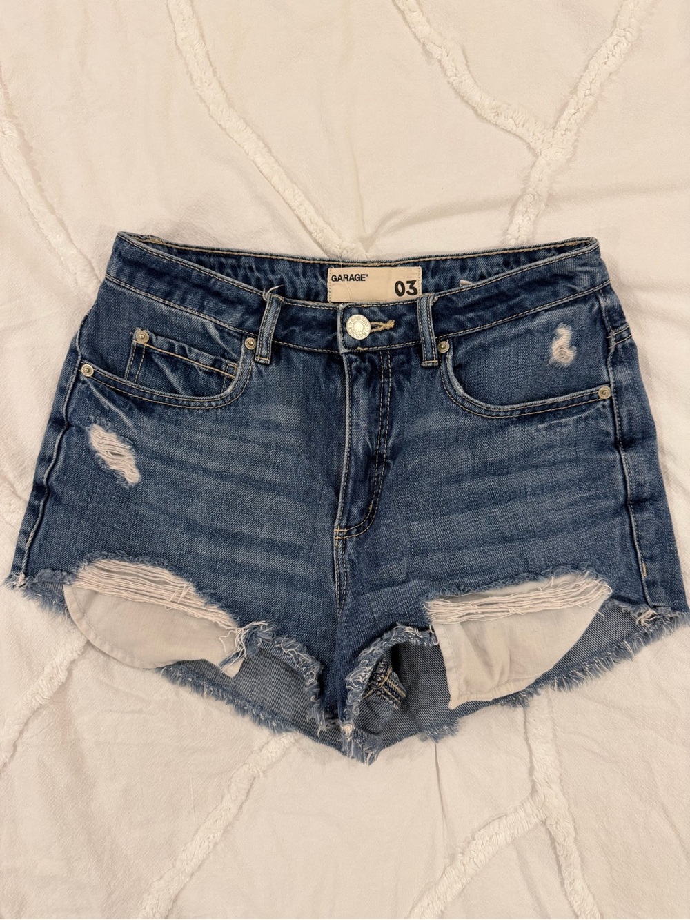 Garage Medium Blue Distressed Denim Shorts